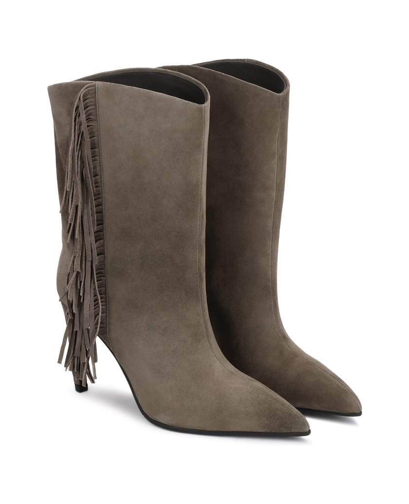 Kazar-Taupe-suede-booties-with-fringe-and-stiletto-heel-tmavošedá
