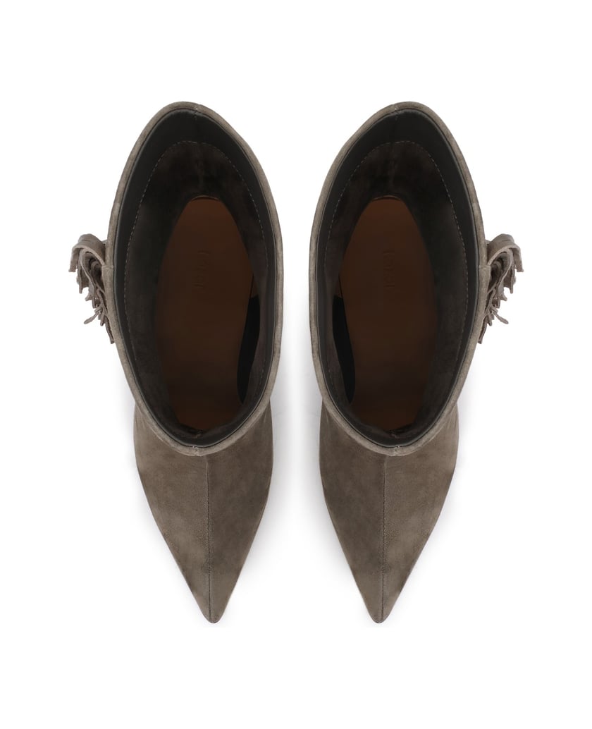 Kazar-Taupe-suede-booties-with-fringe-and-stiletto-heel-tmavošedá