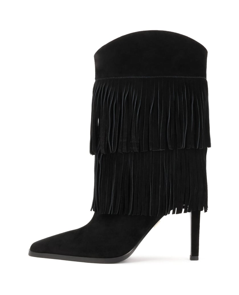 Kazar-Black-suede-booties-with-fringe-on-slim-heel-černá