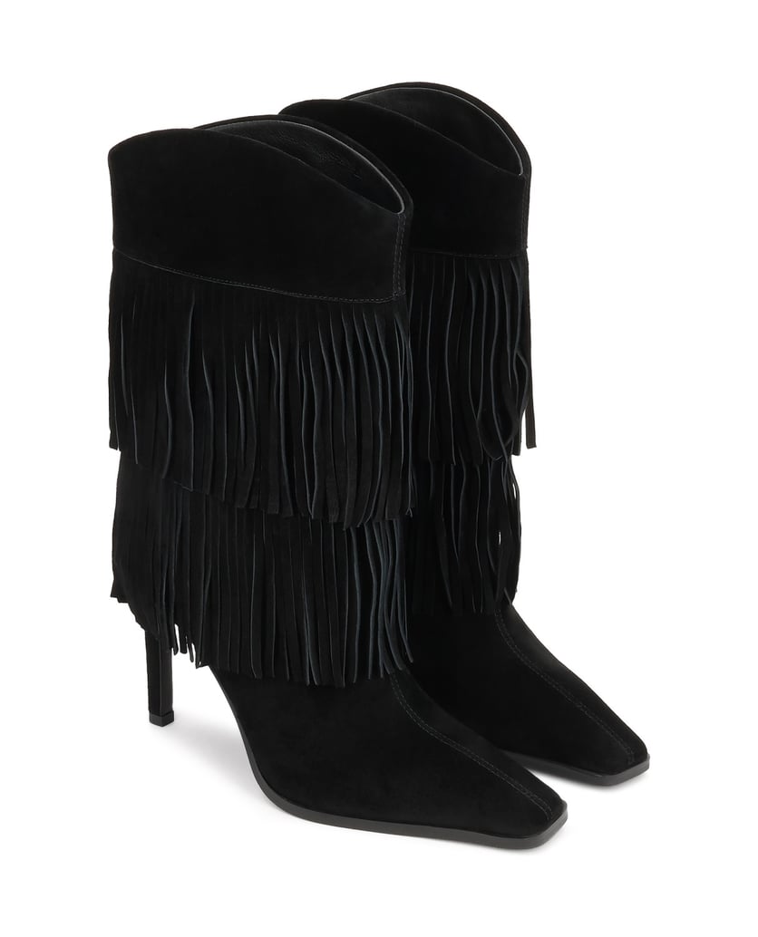 Kazar-Black-suede-booties-with-fringe-on-slim-heel-černá