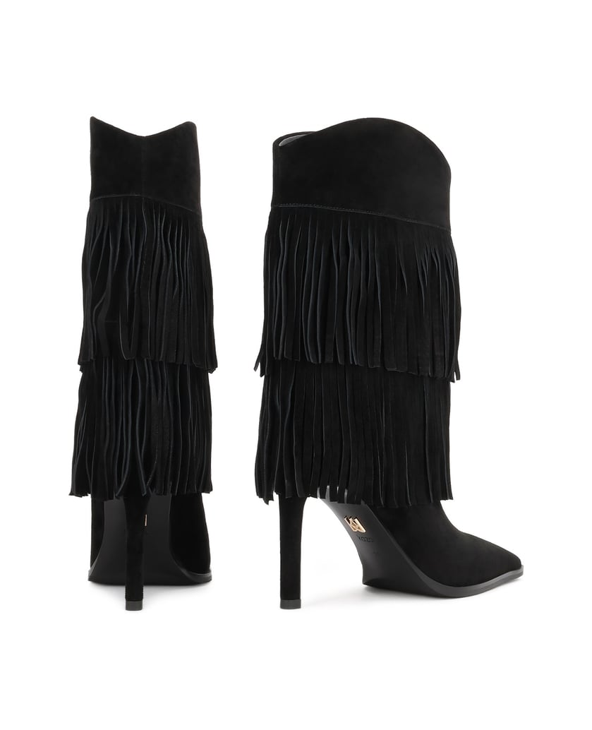 Kazar-Black-suede-booties-with-fringe-on-slim-heel-černá