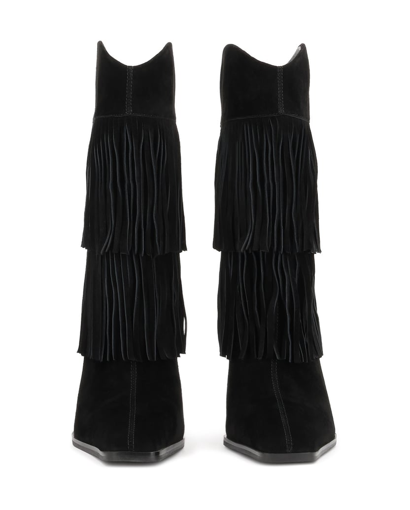 Kazar-Black-suede-booties-with-fringe-on-slim-heel-černá