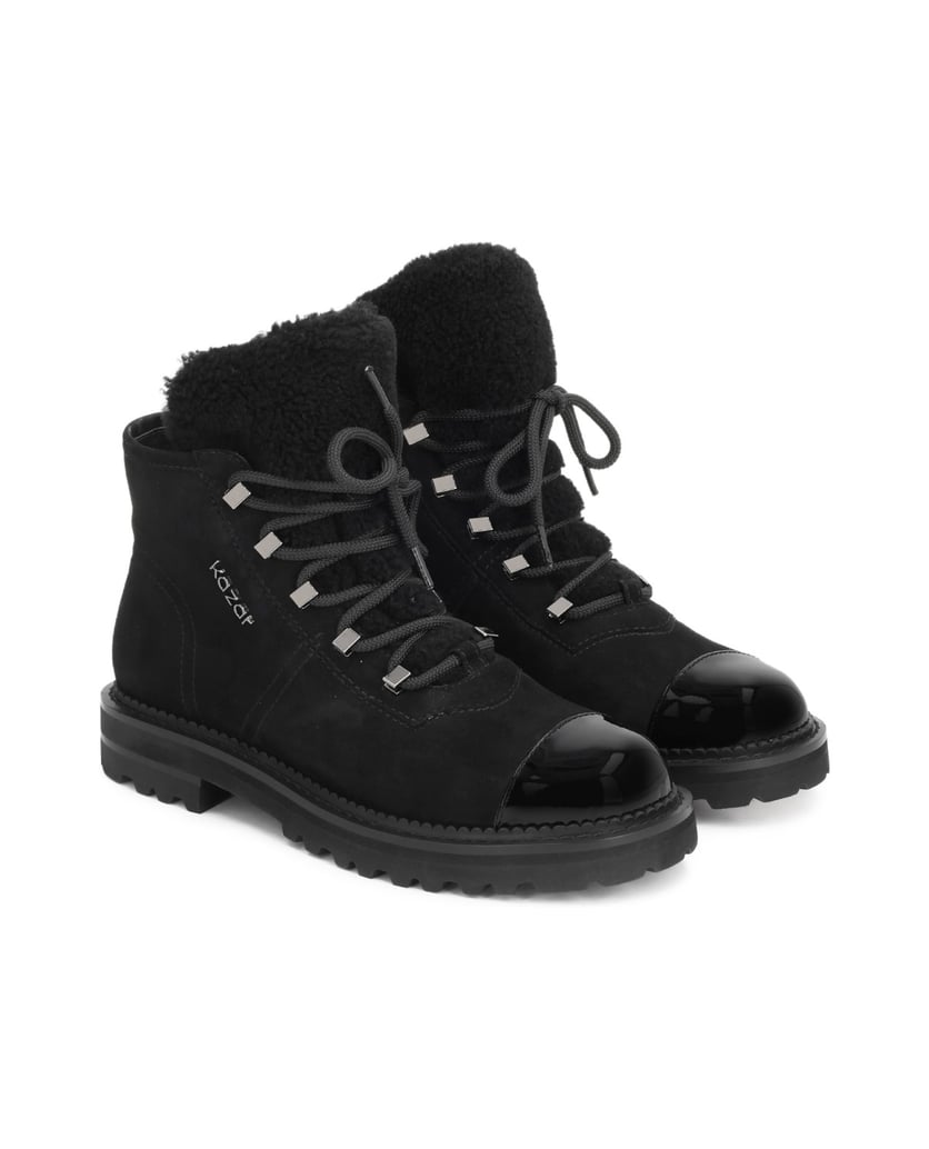 Kazar-Suede-flat-ankle-boots-with-patented-nose-and-fur-tongue-čierna