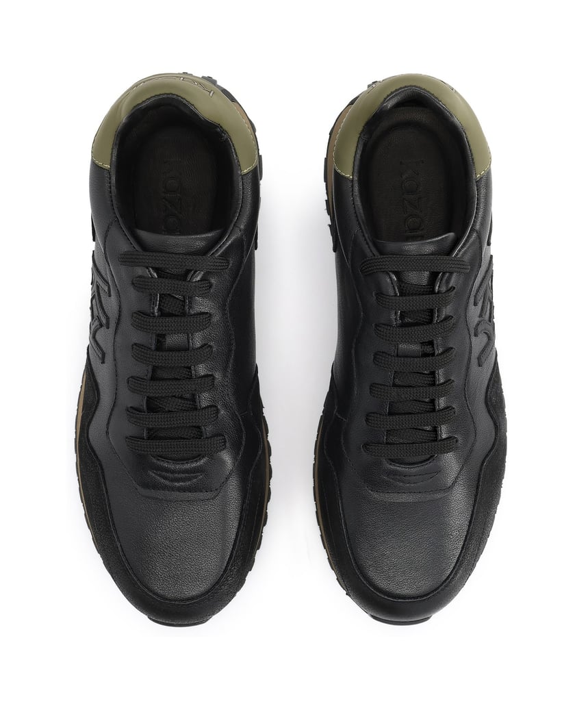 Kazar-Black-men's-sneakers-with-nubuck-and-khaki-leather-inserts-čierna