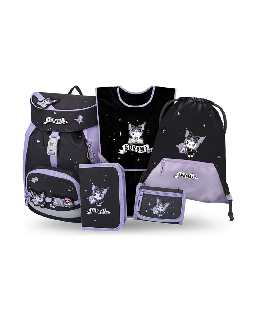 Baagl-Schulrucksack-Set-Airy-Kuromi-Fortune-Dream-5tlg:-Schulrucksack,-Federmäppchen,-Turnbeutel,-Schürze,-Brustbeutel-schwarz