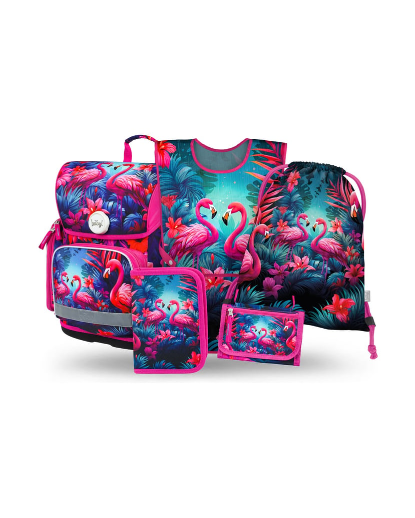 Baagl-Schulranzen-Set-Ergo-Flamingos-5tlg.:-Schulranzen,-Federmäppchen,-Turnbeutel,-Schürze,-Brustbeutel-rosa