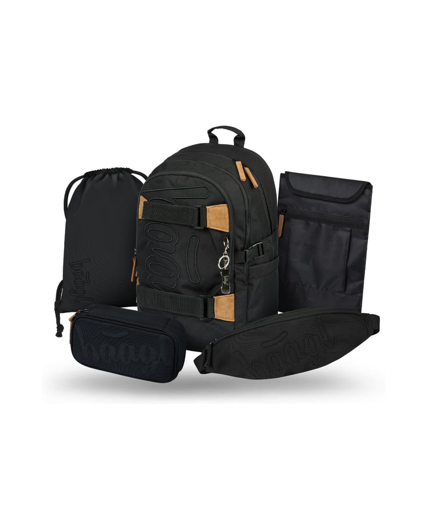 Baagl-Schulrucksack-Set-Skate-Darkness-5tlg.:-Schulrucksack,-Federmäppchen,-Turnbeutel,-Bauchtasche,-Laptophülle-schwarz