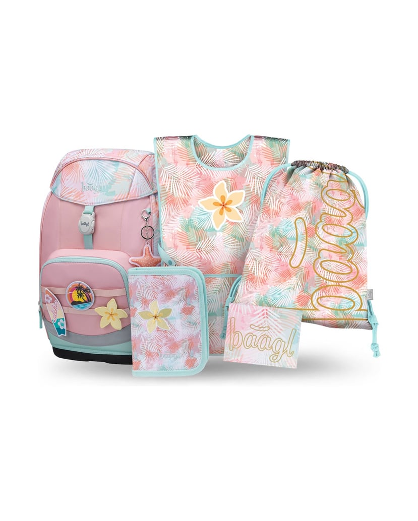 Baagl-Schulrucksack-Set-Airy-Plus-Sunset-5tlg.:-Schulrucksack,-Federmäppchen,-Turnbeutel,-Schürze,-Brustbeutel-rosa