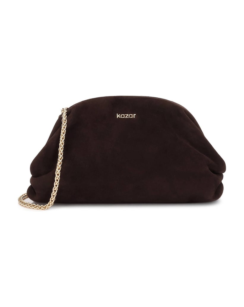 Kazar-Dark-brown-suede-clutch-with-detachable-chain-tmavá-hnedá