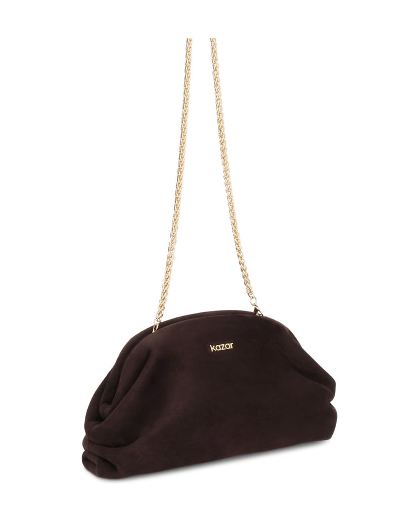 Kazar-Dark-brown-suede-clutch-with-detachable-chain-tmavá-hnedá