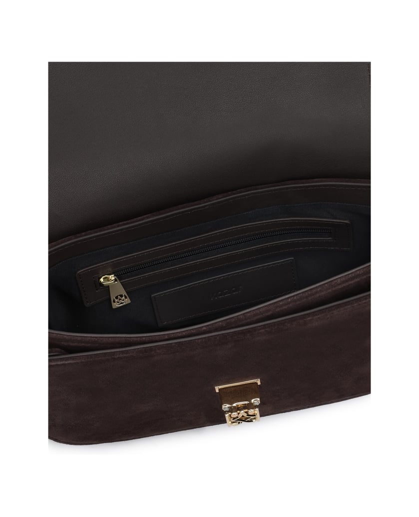 Kazar-Small-dark-brown-suede-bag-with-monogrammed-closure-tmavá-hnedá