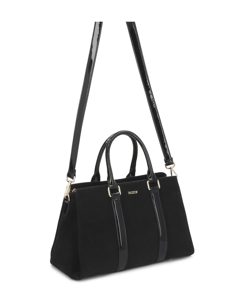 Kazar-Black-patent-leather-and-suede-bag-with-three-compartments-čierna