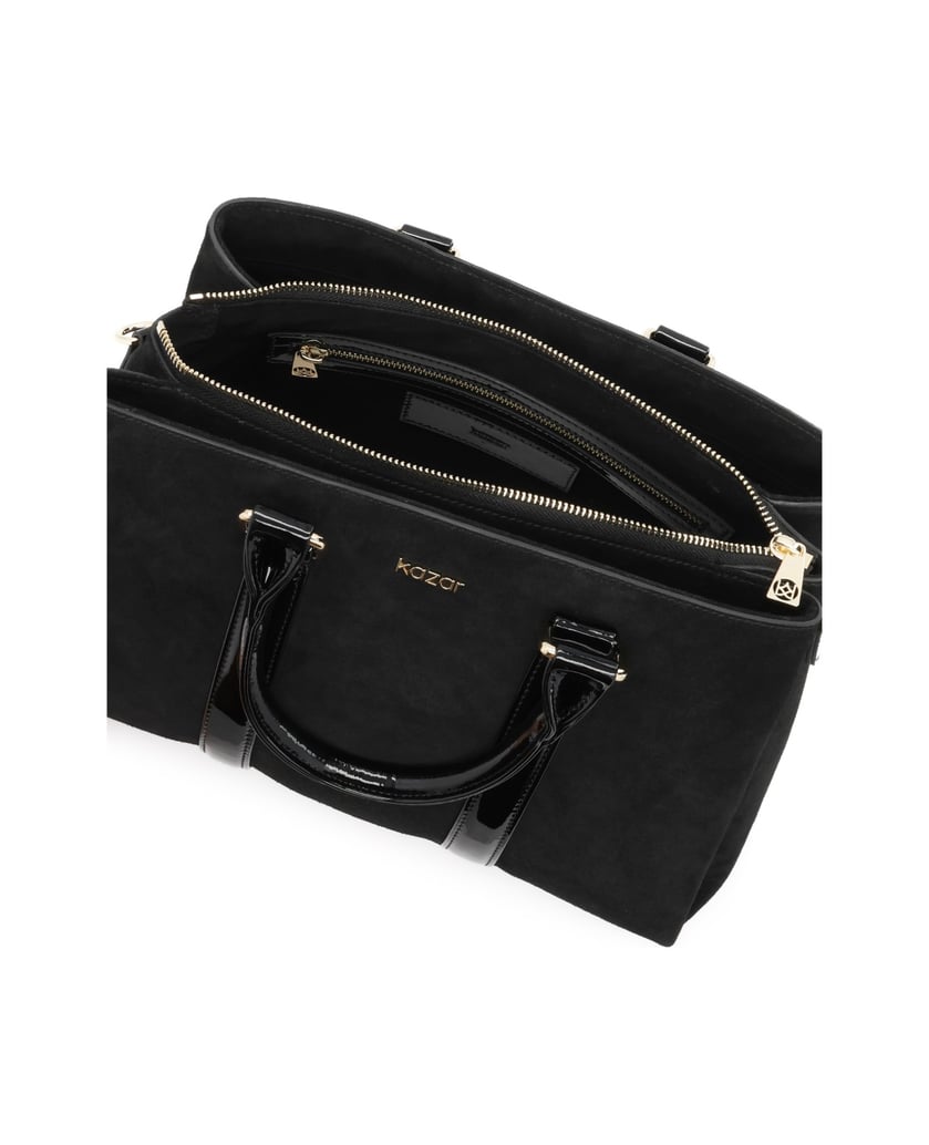Kazar-Black-patent-leather-and-suede-bag-with-three-compartments-čierna