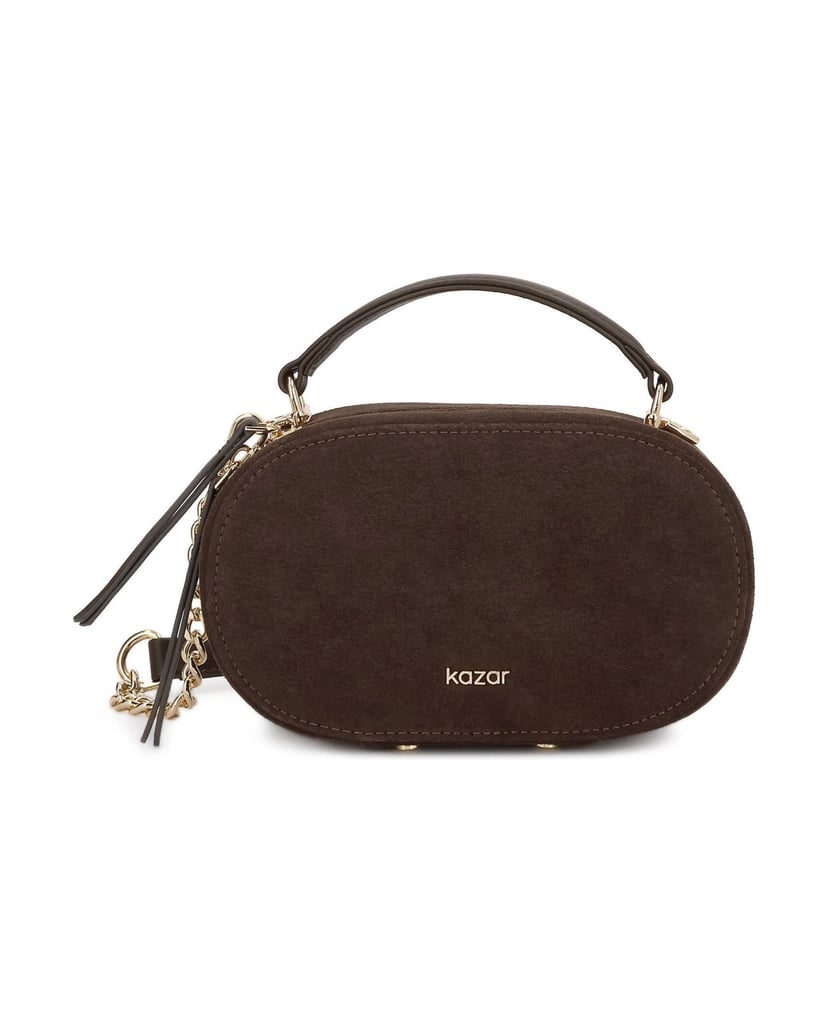 Kazar-Oval-suede-bag-with-handle-and-gold-logo-hnedá