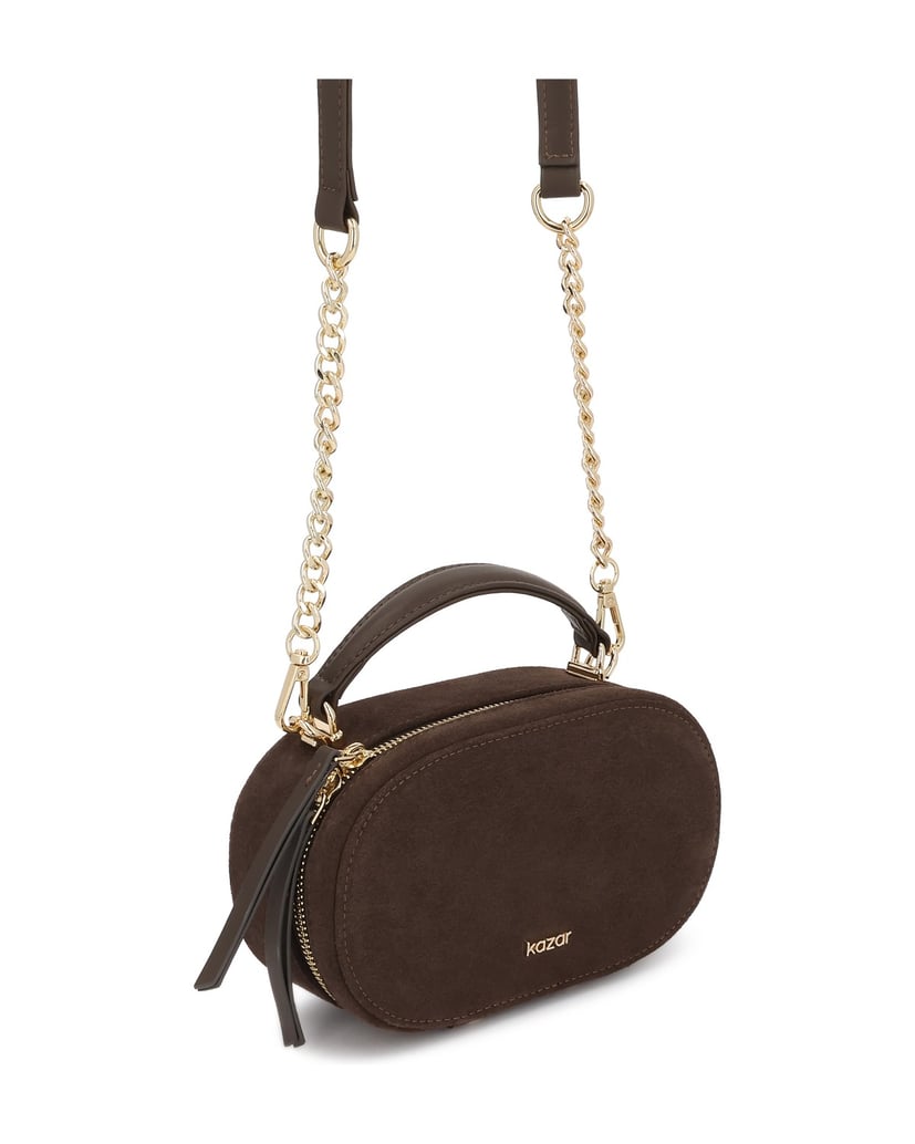Kazar-Oval-suede-bag-with-handle-and-gold-logo-hnedá