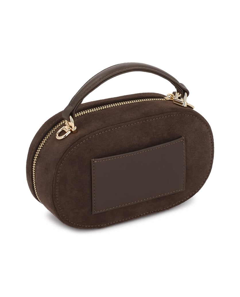 Kazar-Oval-suede-bag-with-handle-and-gold-logo-hnedá