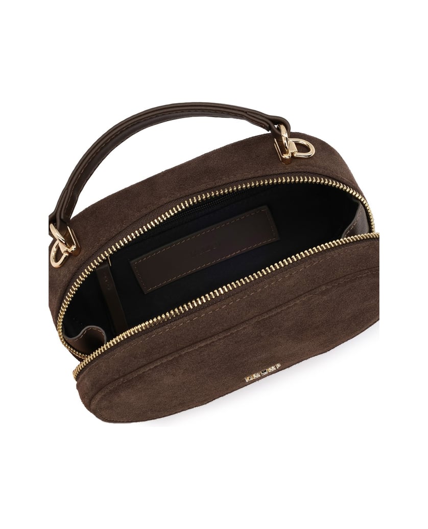Kazar-Oval-suede-bag-with-handle-and-gold-logo-hnedá