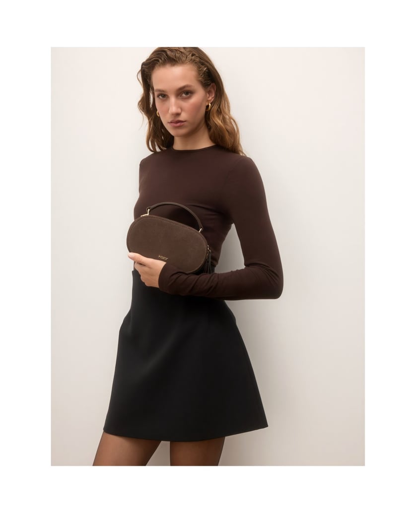 Kazar-Oval-suede-bag-with-handle-and-gold-logo-hnedá