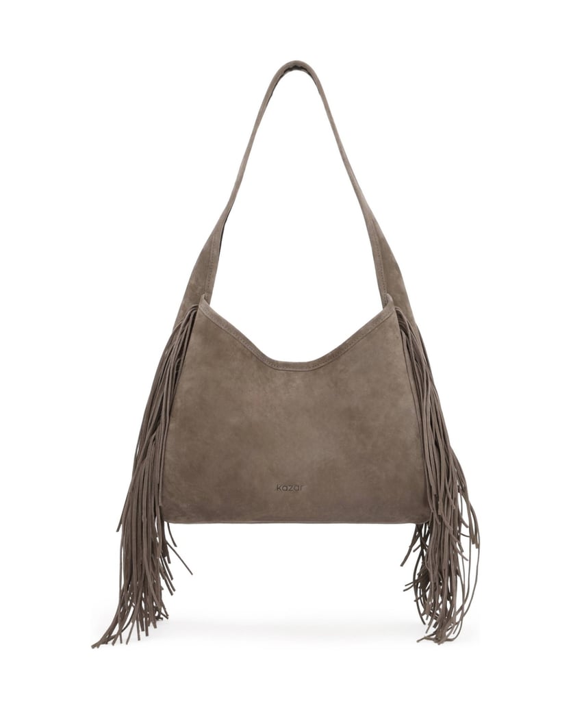 Kazar-Taupe-suede-bag-with-tassels-on-the-arm-tmavošedá