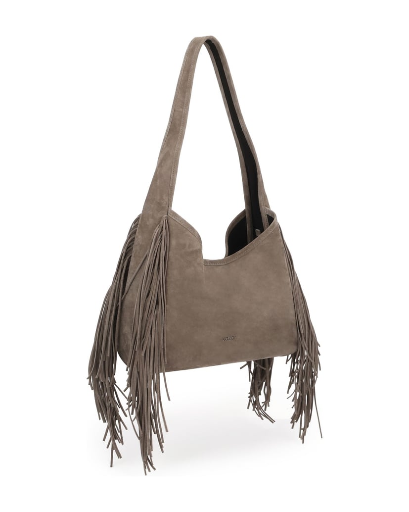 Kazar-Taupe-suede-bag-with-tassels-on-the-arm-tmavošedá