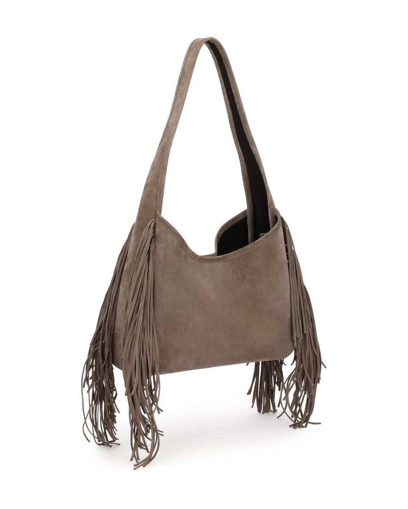 Kazar-Taupe-suede-bag-with-tassels-on-the-arm-tmavošedá