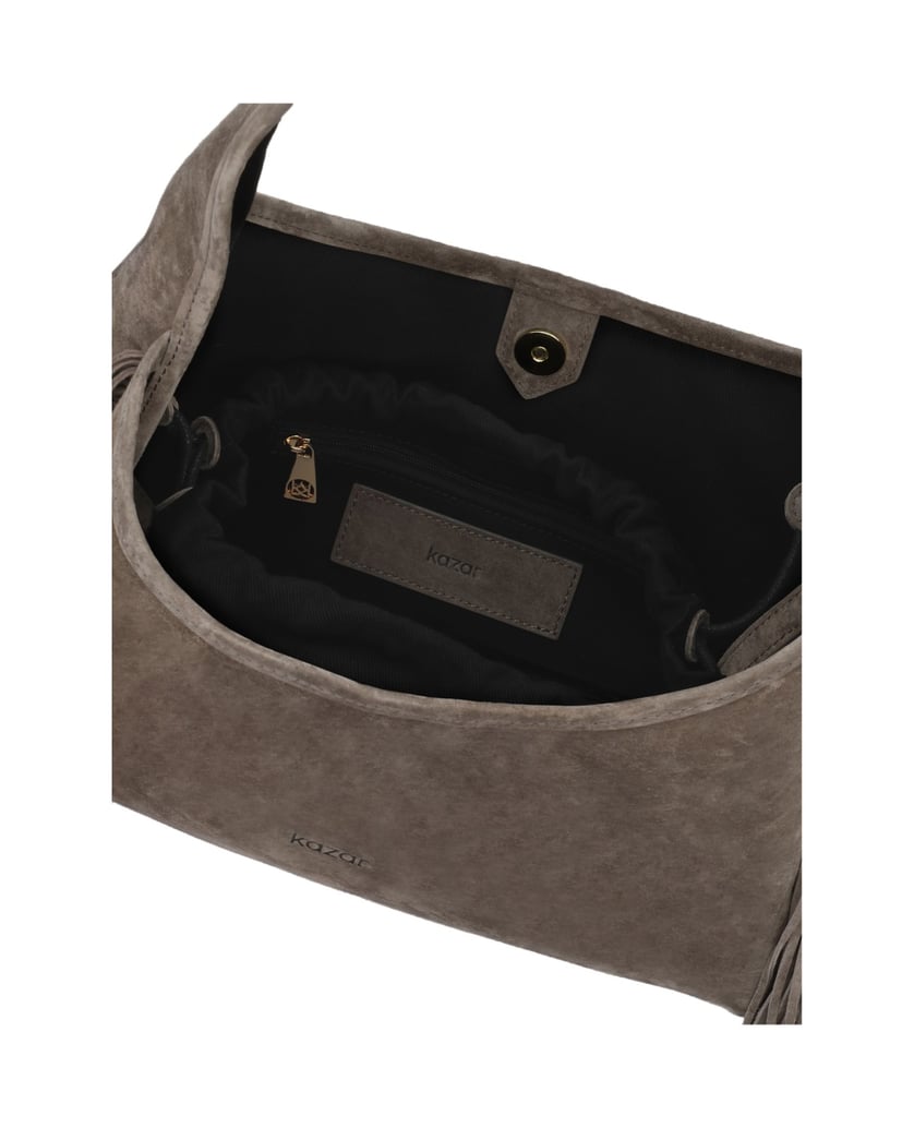 Kazar-Taupe-suede-bag-with-tassels-on-the-arm-tmavošedá