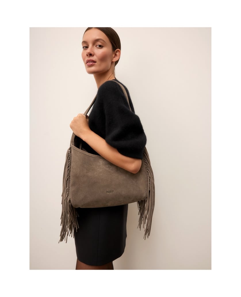 Kazar-Taupe-suede-bag-with-tassels-on-the-arm-tmavošedá