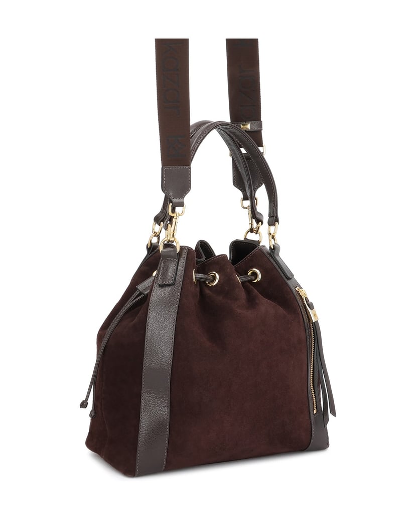 Kazar-Dark-brown-suede-bucket-bag-with-gold-details-tmavá-hnedá