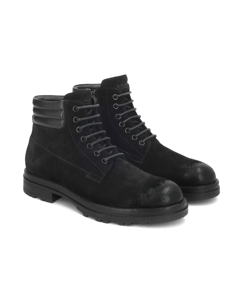 Kazar-Black-nubuck-flat-ankle-boots-with-zipper-and-lacing-čierna