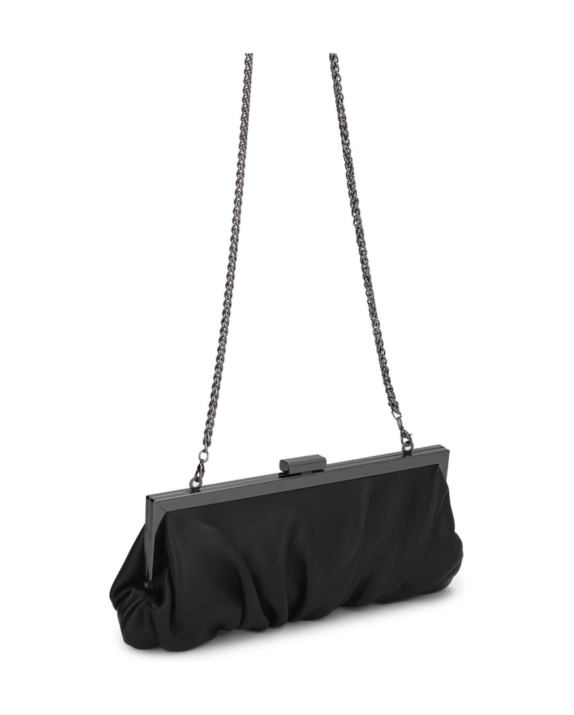 Kazar-Leder-Abendhandtasche-mit-Rüschen-und-Metallrahmen-schwarz