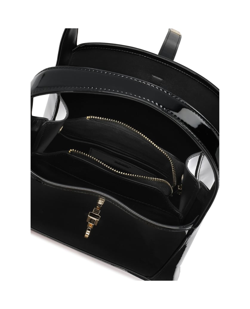 Kazar-Black-patent-handbag-with-monogrammed-clasp-čierna