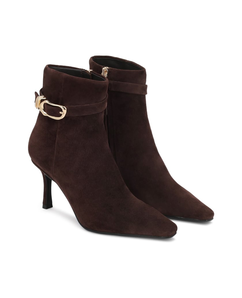 Kazar-Brown-suede-heeled-booties-with-decorative-belts-tmavá-hnedá