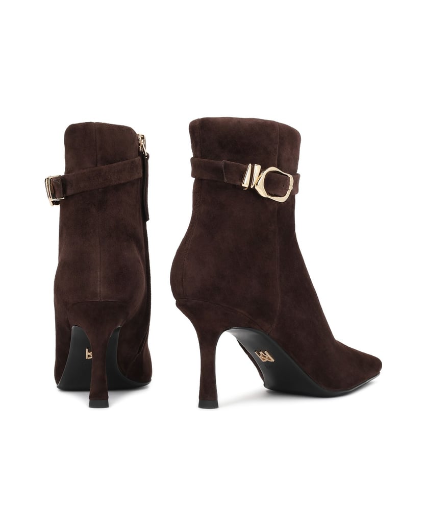 Kazar-Brown-suede-heeled-booties-with-decorative-belts-tmavá-hnedá