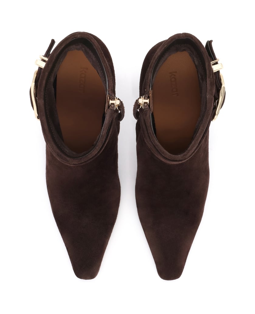 Kazar-Brown-suede-heeled-booties-with-decorative-belts-tmavá-hnedá