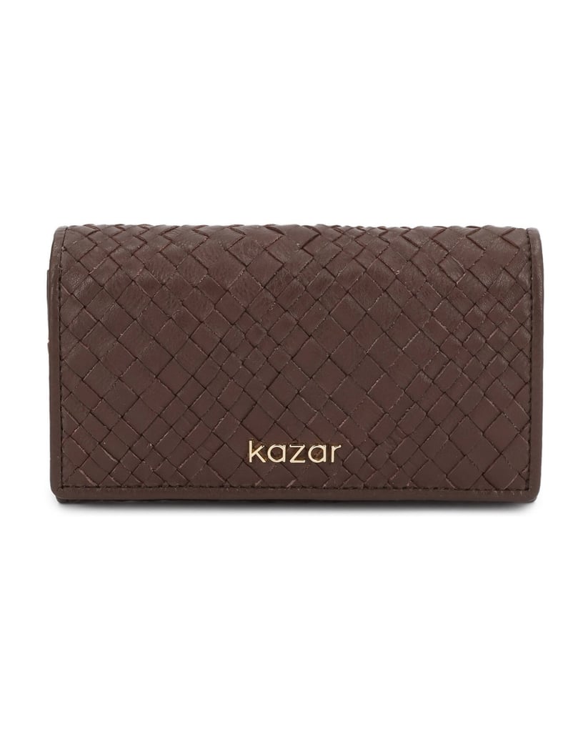 Kazar-Brown-leather-wallets-for-women-with-braided-texture-and-gold-logo-hnedá