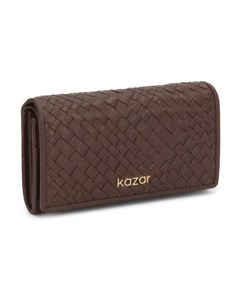 Kazar-Brown-leather-wallets-for-women-with-braided-texture-and-gold-logo-hnedá