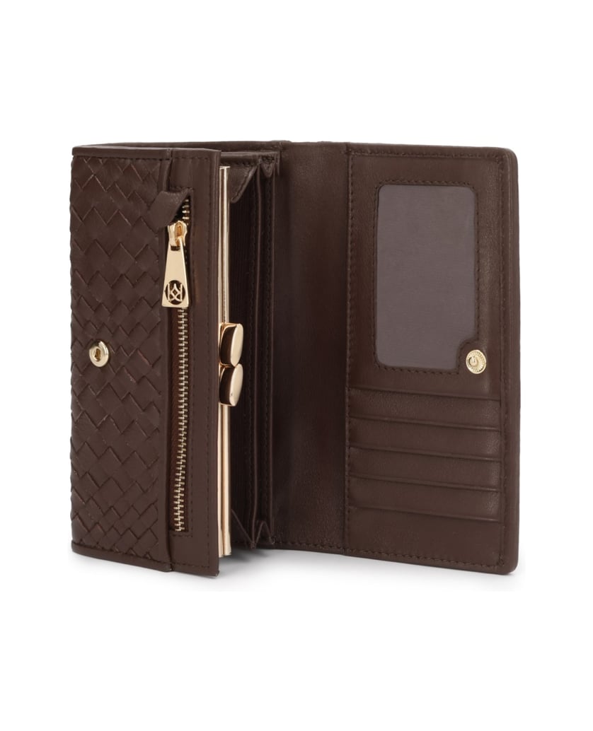 Kazar-Brown-leather-wallets-for-women-with-braided-texture-and-gold-logo-hnedá