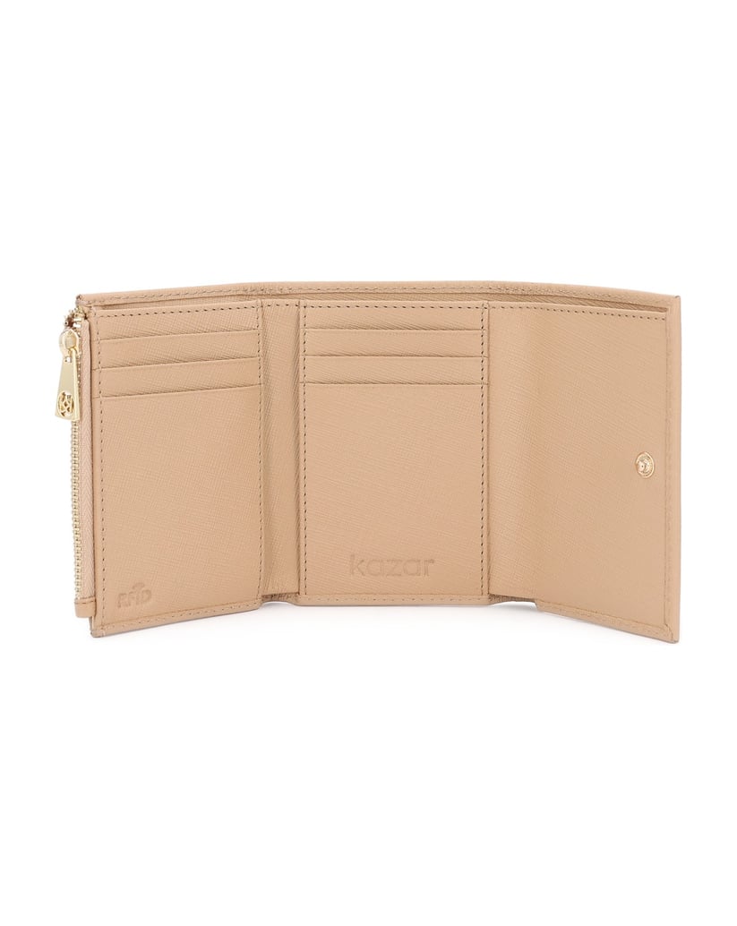 Kazar-Beige-wallet-with-flap-and-gold-logo-béžová