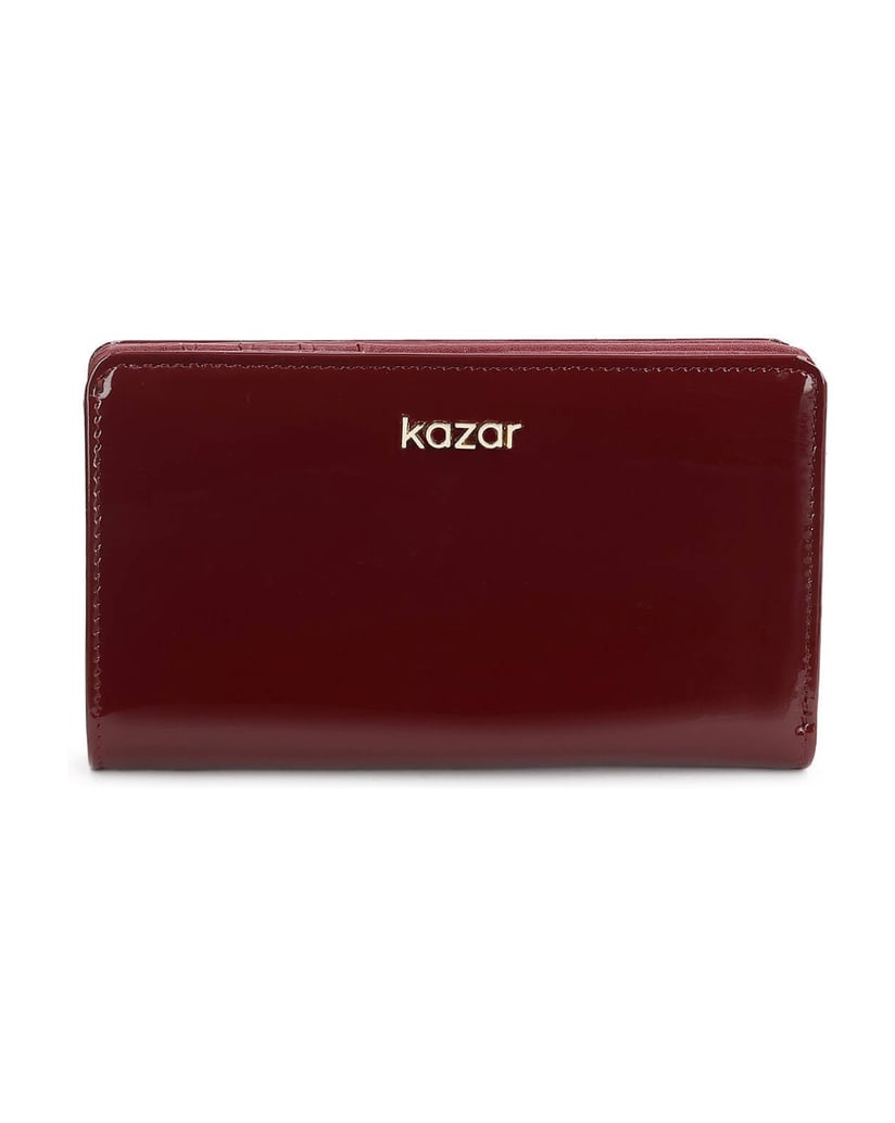 Kazar-Maroon-patent-wallet-with-gold-logo-červená