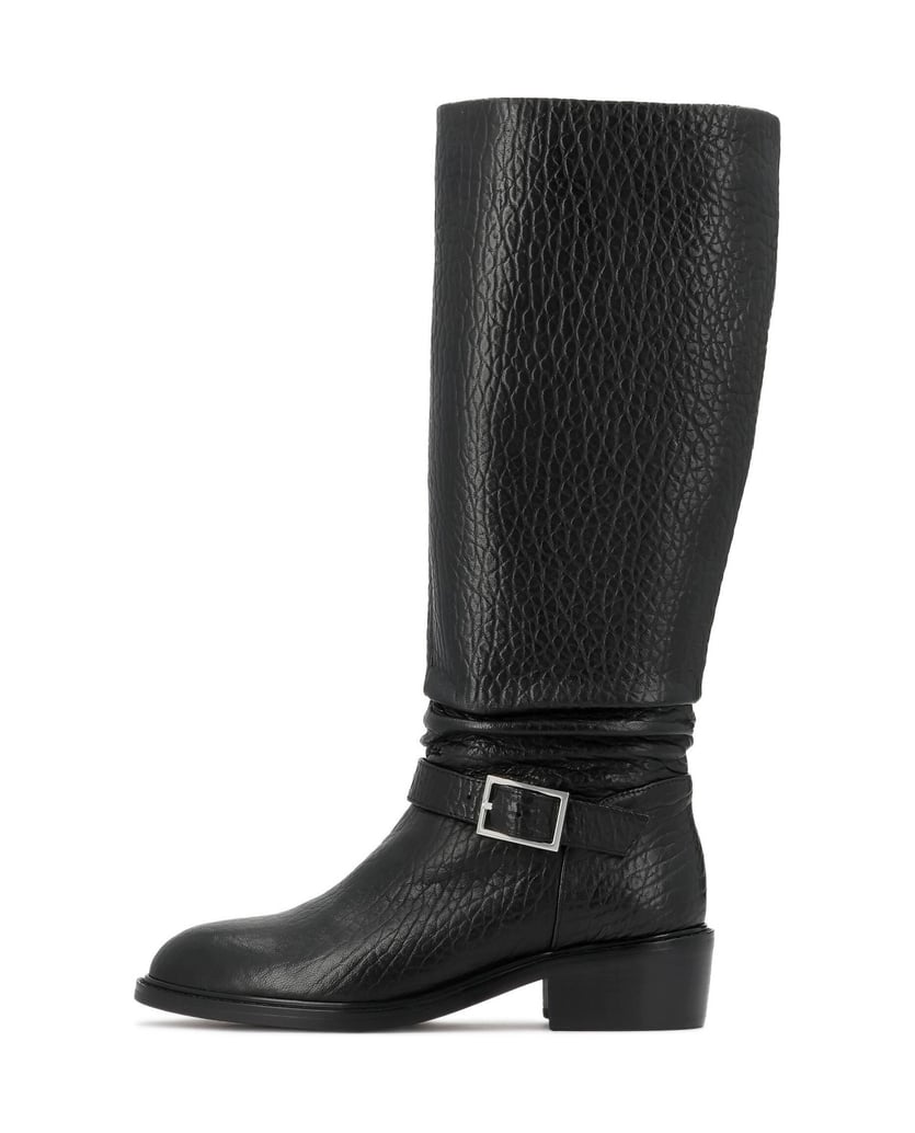 Kazar-High-boots-in-textured-leather-with-belt-and-silver-buckle-černá
