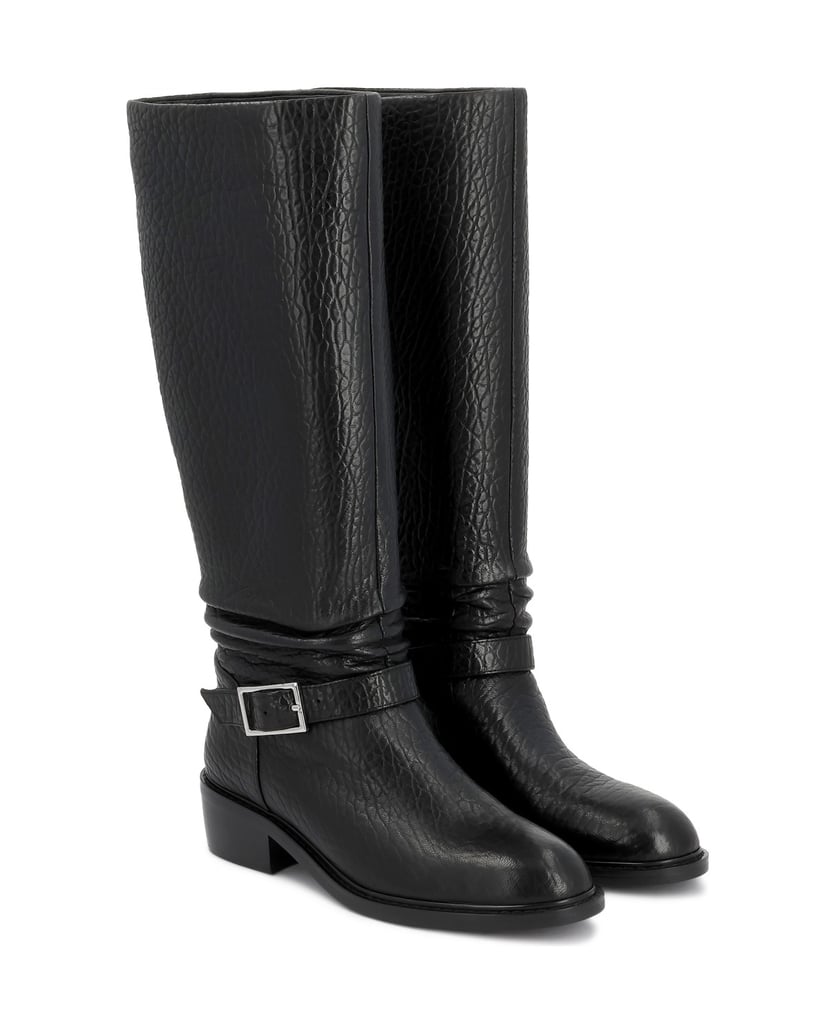 Kazar-High-boots-in-textured-leather-with-belt-and-silver-buckle-černá