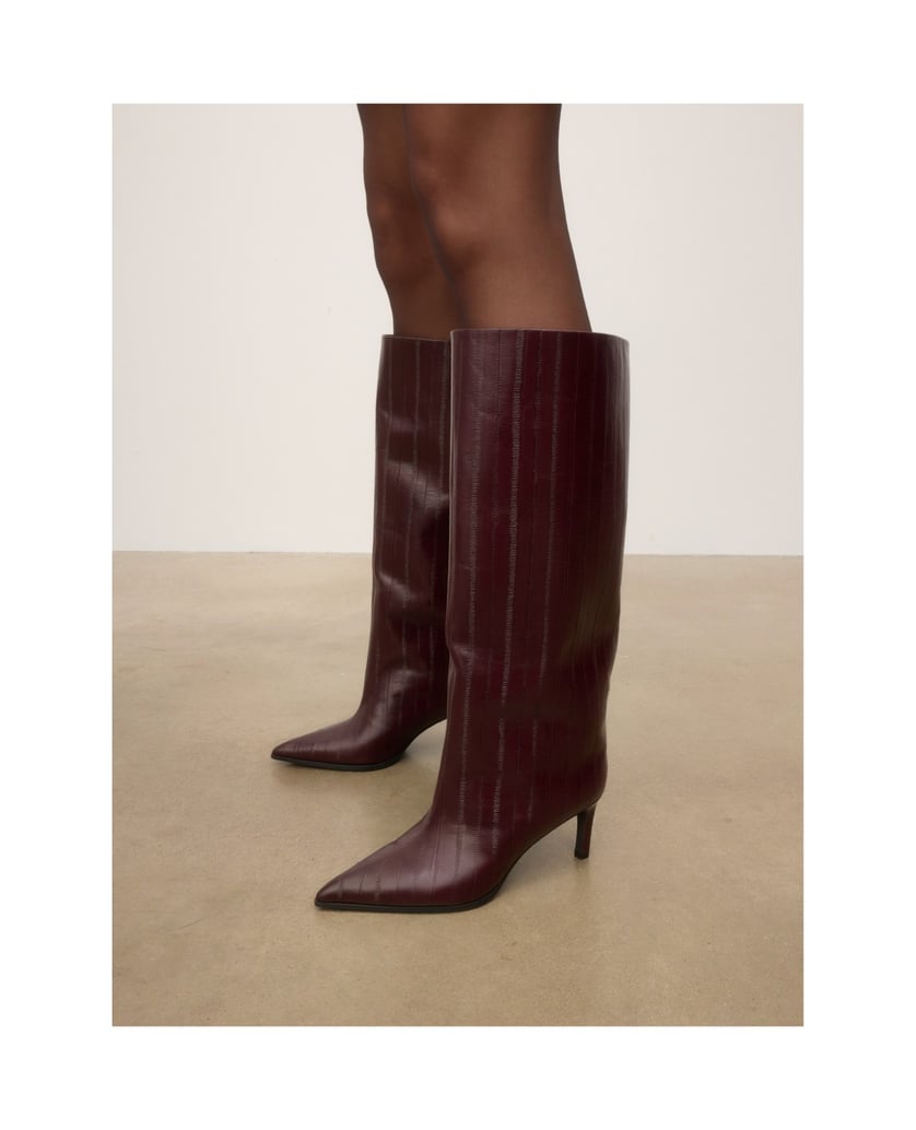 Kazar-Maroon-embossed-leather-high-boots-with-a-medium-heel-červená