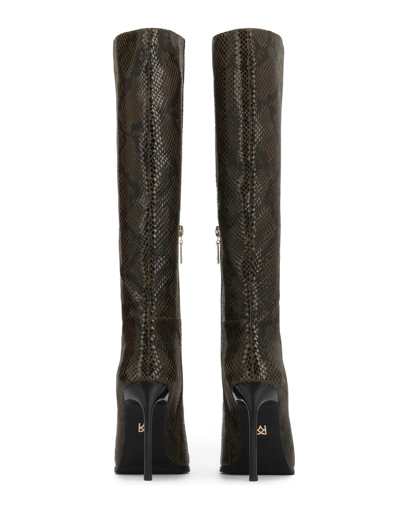 Kazar-High-boots-in-olive-suede-with-a-shiny-snake-motif-zelená