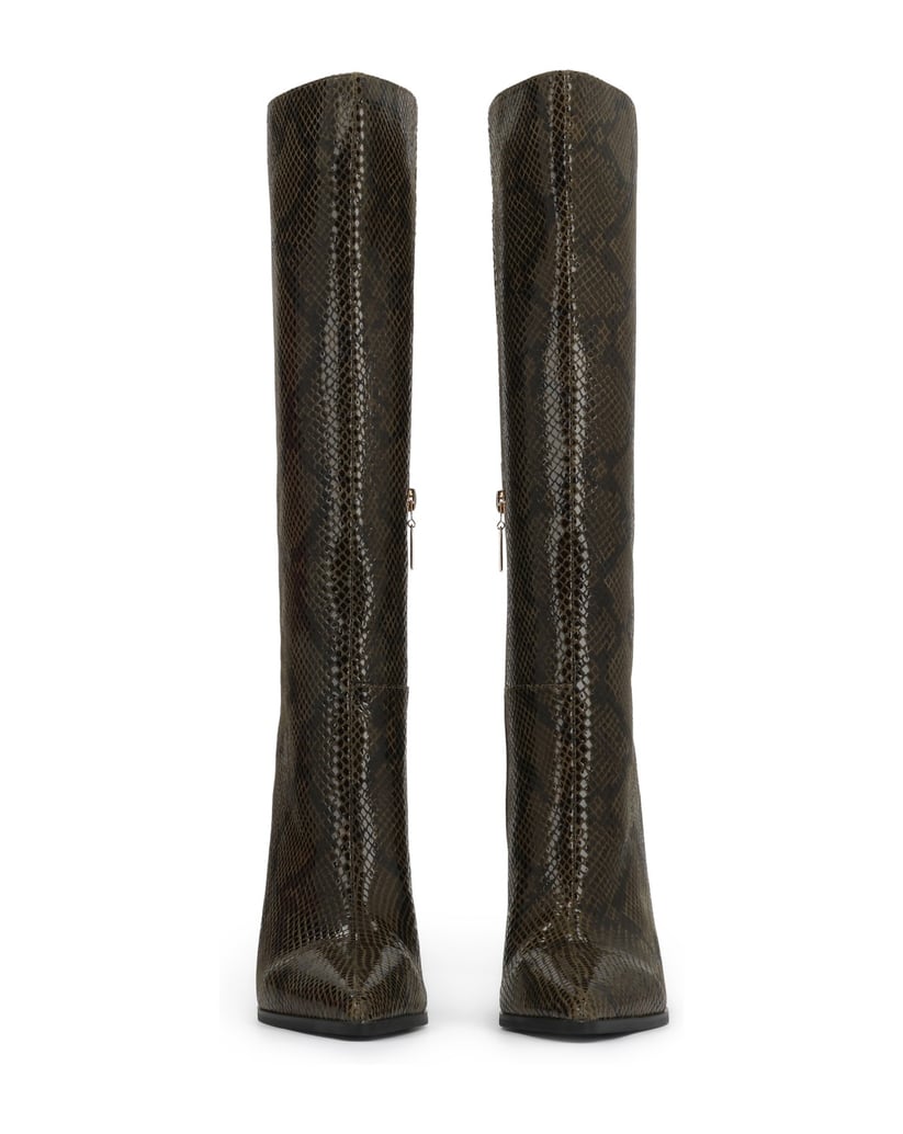 Kazar-High-boots-in-olive-suede-with-a-shiny-snake-motif-zelená
