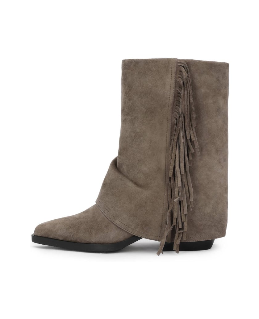 Kazar-Taupe-suede-booties-with-fringe-and-turned-up-upper-tmavošedá