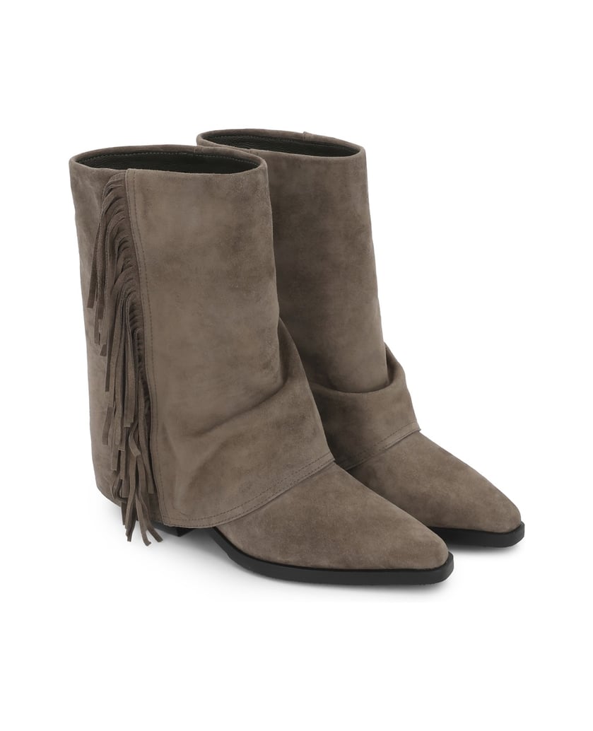 Kazar-Taupe-suede-booties-with-fringe-and-turned-up-upper-tmavošedá