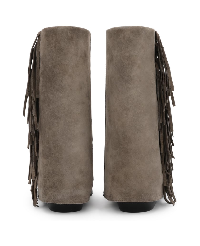 Kazar-Taupe-suede-booties-with-fringe-and-turned-up-upper-tmavošedá
