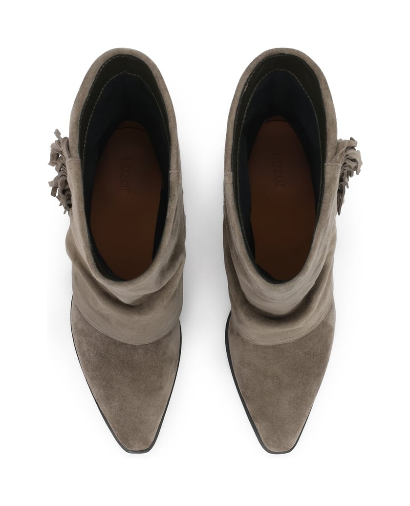 Kazar-Taupe-suede-booties-with-fringe-and-turned-up-upper-tmavošedá